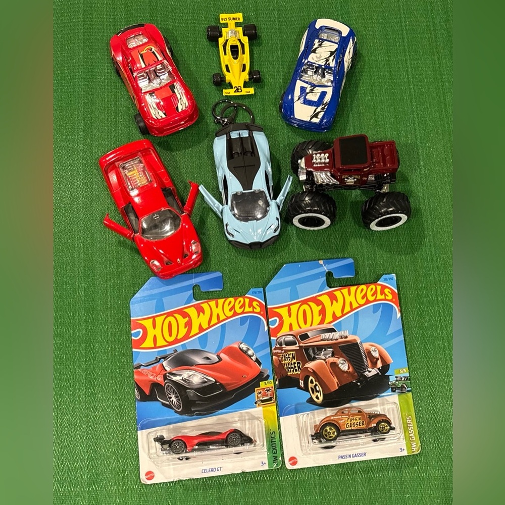 Die-Cast Toy Car Set - Red, Blue, Yellow including two new hot wheels